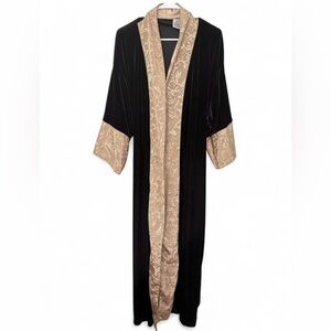 Vintage Delicates Long Black Velvet Robe Borcade Gold Floral Accent Large Luxury